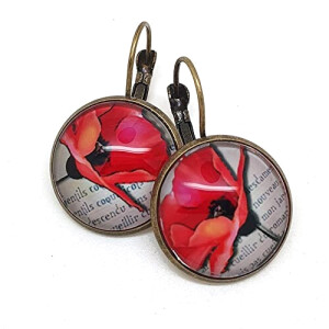 Boucles d'oreille rouge bronze beige noir cabochon en Verre