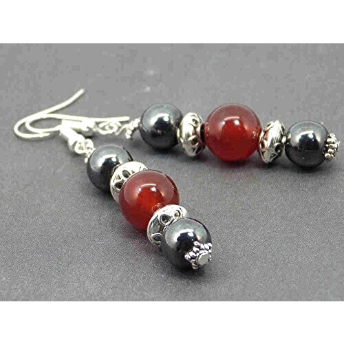 Boucles d'oreille rouge noir argent acier variant 1 